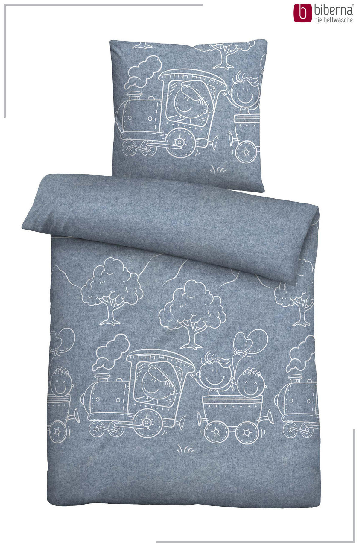 BETTWÄSCHE-GARNITUR Premium Melange Lokomotive blau, 135x200 cm + 80x80 cm - Blau, Textil (135/200cm) - biberna