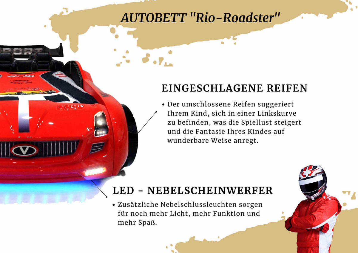 AUTOBETT Roadster Rot Kinderbett LED Sound Sportsitze Lattenrost Spoiler - Rot/Schwarz, Holzwerkstoff/Kunststoff (90/190cm) - Aileenstore