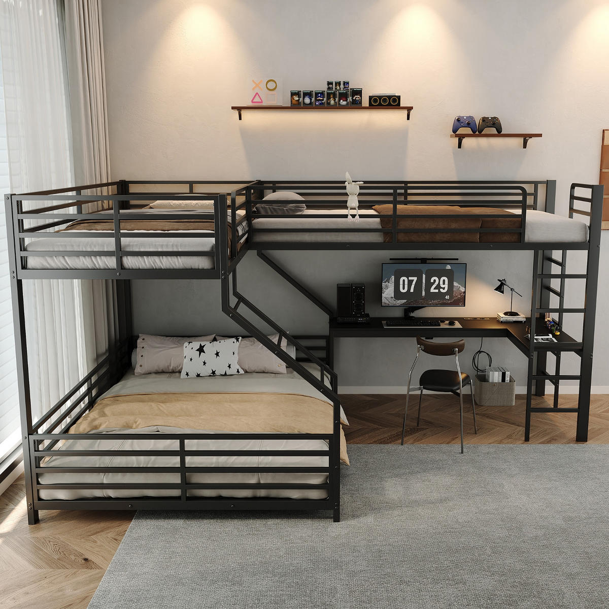 ETAGENBETT 90/200 cm Schwarz mit Schreibtisch, USB- und Type-C-Schnittstelle - Schwarz, Metall (90/200cm) - Oxeza