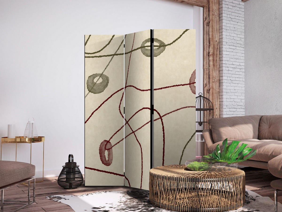 PARAVENT Beidseitig Bedruckter 3-tlg 135x172 cm Linien mit Kreisen Abstraktion - Beige, Holz/Textil (135/172/3cm) - Muralo