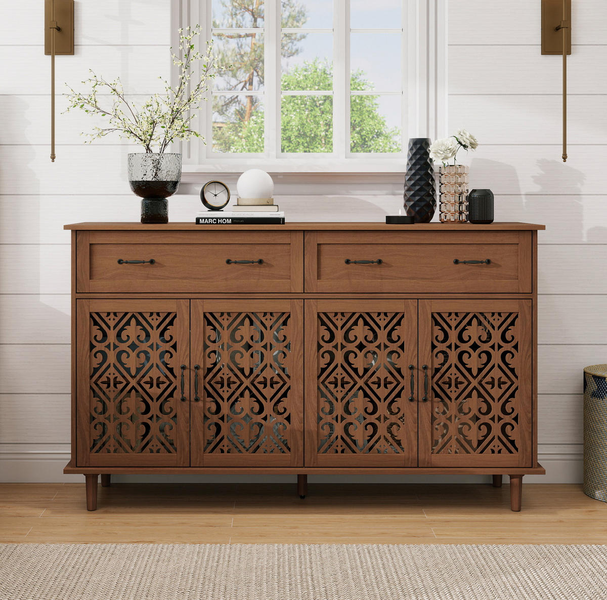 SIDEBOARD mit 4 Türen, 2 Schubladen, höhenverstellbaren Einlegeböden und Vintage-Griffen, Walnussfarben - Walnussfarben, Holzwerkstoff (150/90.3/40cm) - Redom