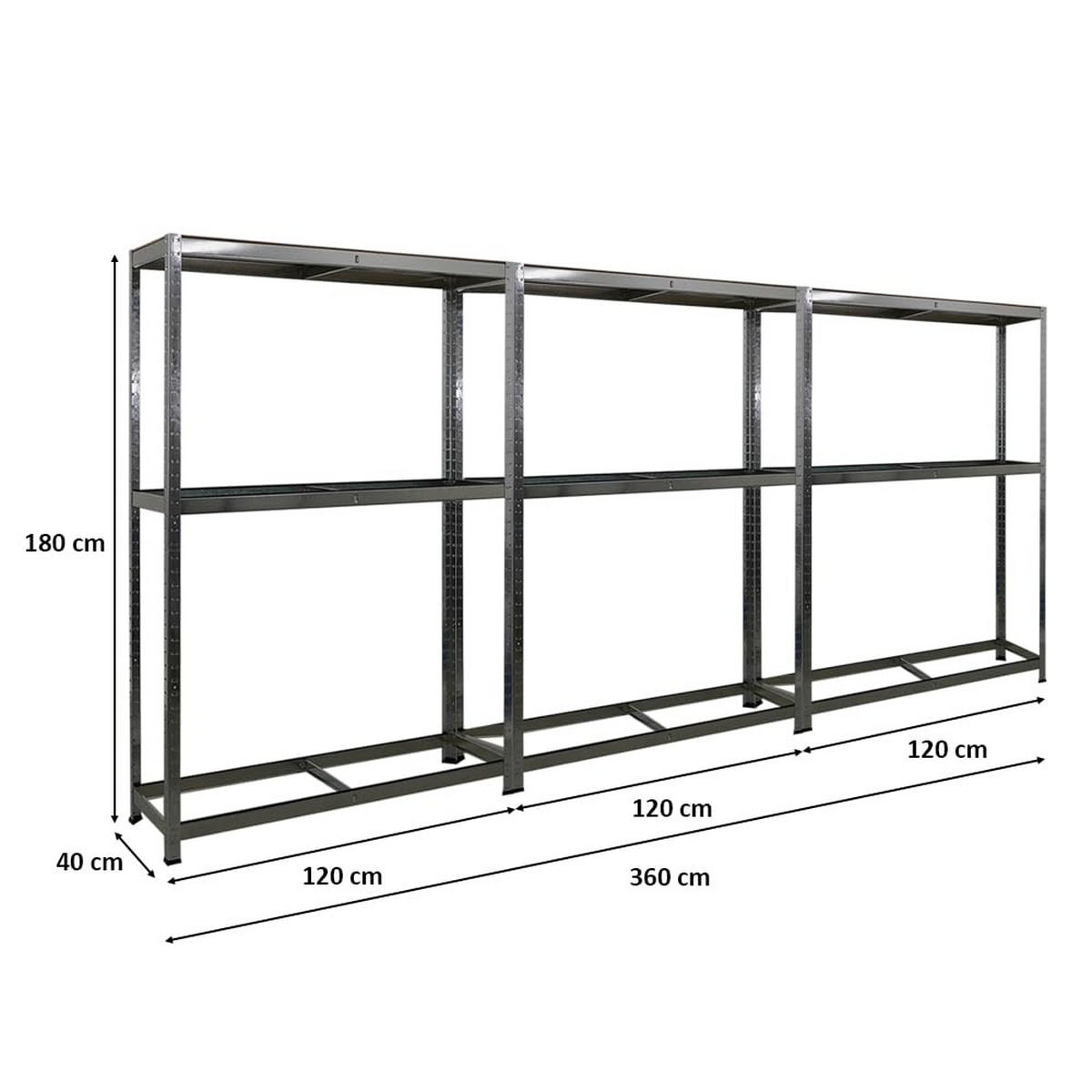 REIFENREGAL Ragnar 3er-Set mit 3x 180x120x40 cm bis zu 8 Reifen auf 2 Ebenen + Ablage 265 kg Fachlast Verzinkt - Silberfarben, Metall (360/180/40cm) - PROREGAL