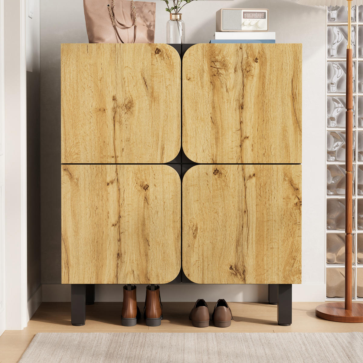 SCHUHSCHRANK 4 Türen verstellbar Metallbeine - Naturfarben, Holz (80/95/38.5cm) - LEBENLANG