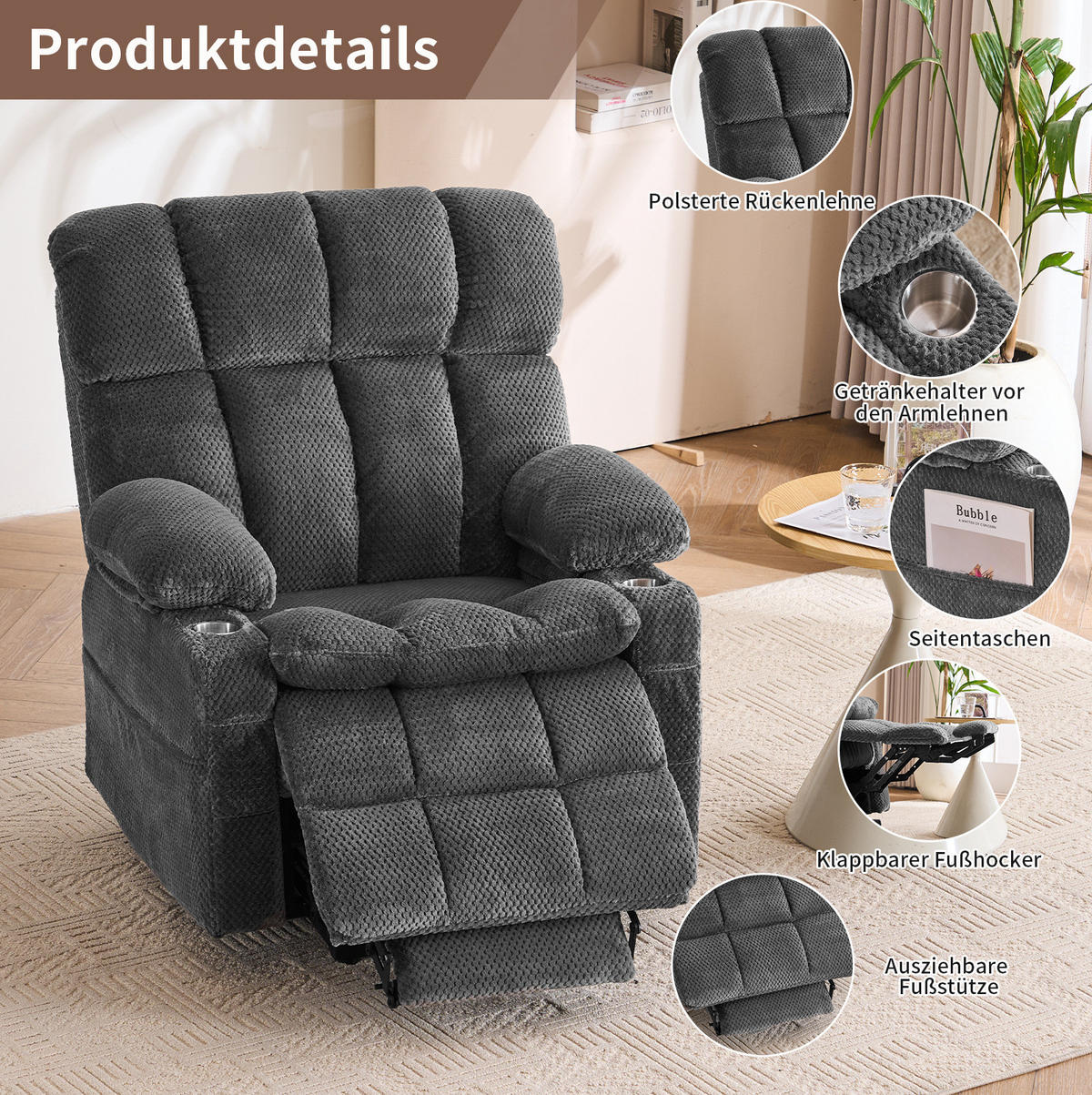 ELEKTRISCHER TV-Sessel in Grau 91x91x106,5 cm mit Aufstehhilfe, Massage- und Heizfunktion - Grau, Textil (91/106.5/91cm) - IVMEU