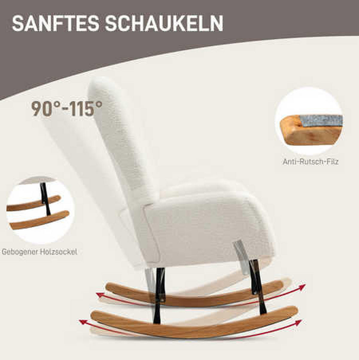 SCHAUKELSTUHL 70/94/100 cm in Cremeweiß mit Teddystoff und Holzkufen - Creme, Textil (70/100/94cm) - Flora Grace