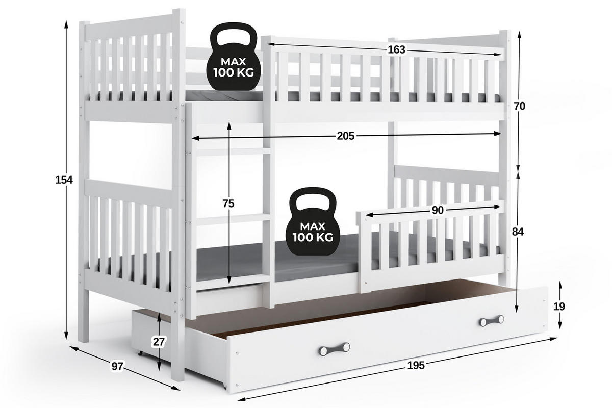 INTERBEDS Etagenbett Jakob 90/200 cm, Weiß, massive Kiefer, erweiterbar in 2 Einzelbetten, mit Bettkasten / Schublade, Rausfallschutz & Lattenrost - Weiß, Holz (90/200cm) - Interbeds