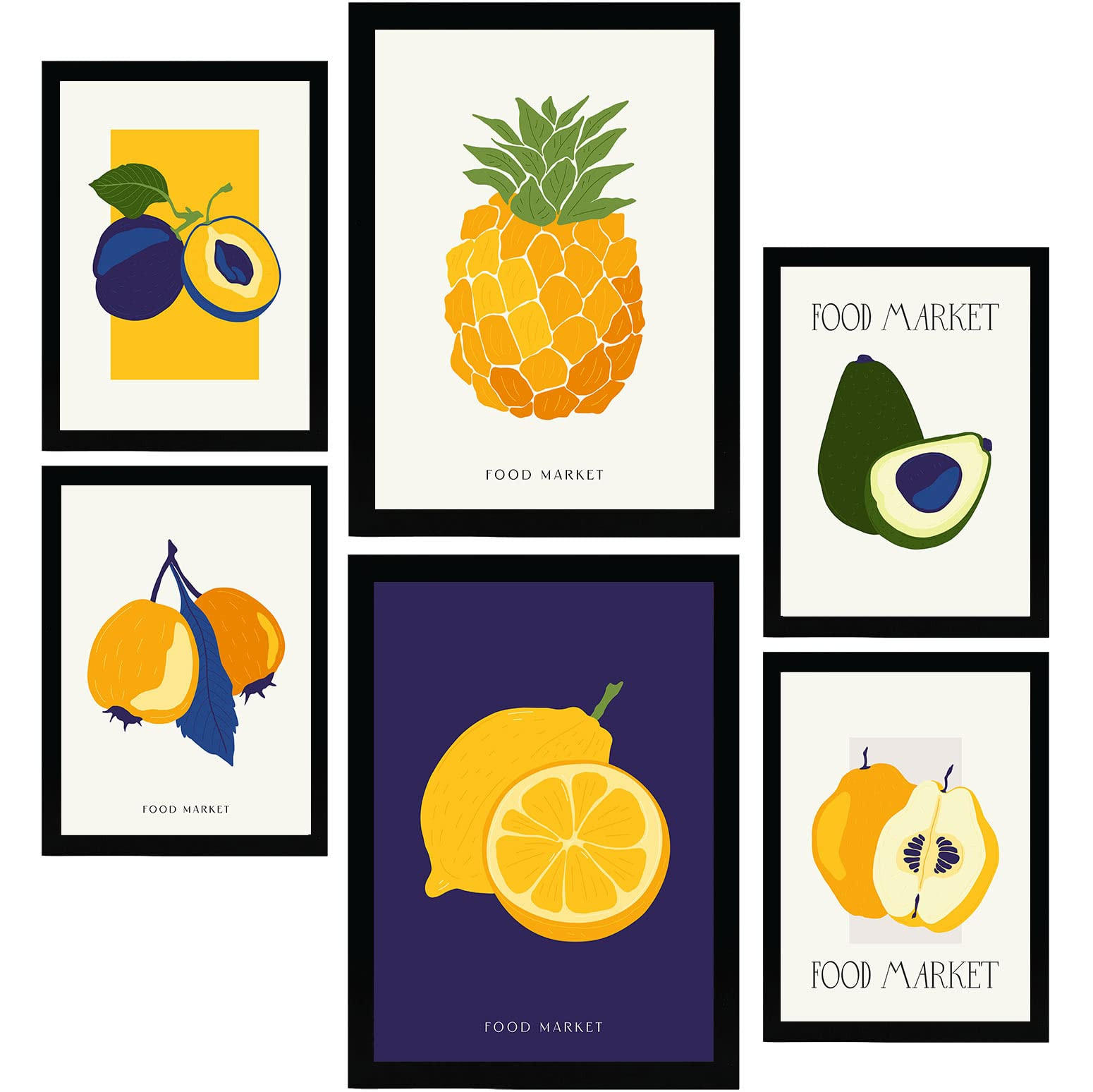 POSTER Set Mit 6 Lebensmittel Und Ernährungs Tropische Früchte Natur Und Botanikdrucke Für Innenarchitektur A3 & A4 Schwarzer Rahmen - Schwarz, Papier (29/3cm) - Nacnic
