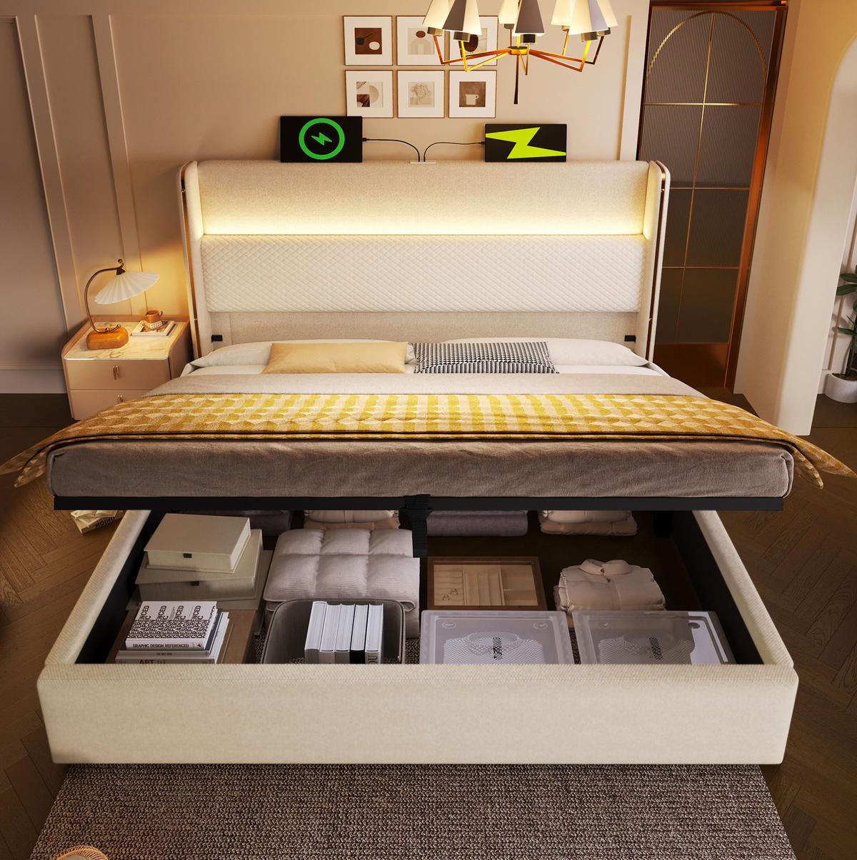 ČALÚNENÁ posteľ z ľanu 180x200 cm béžová s LED osvetlením, USB a Type-C, hydraulickým úložným priestorom - béžová, textil (180/200cm) - Modfu