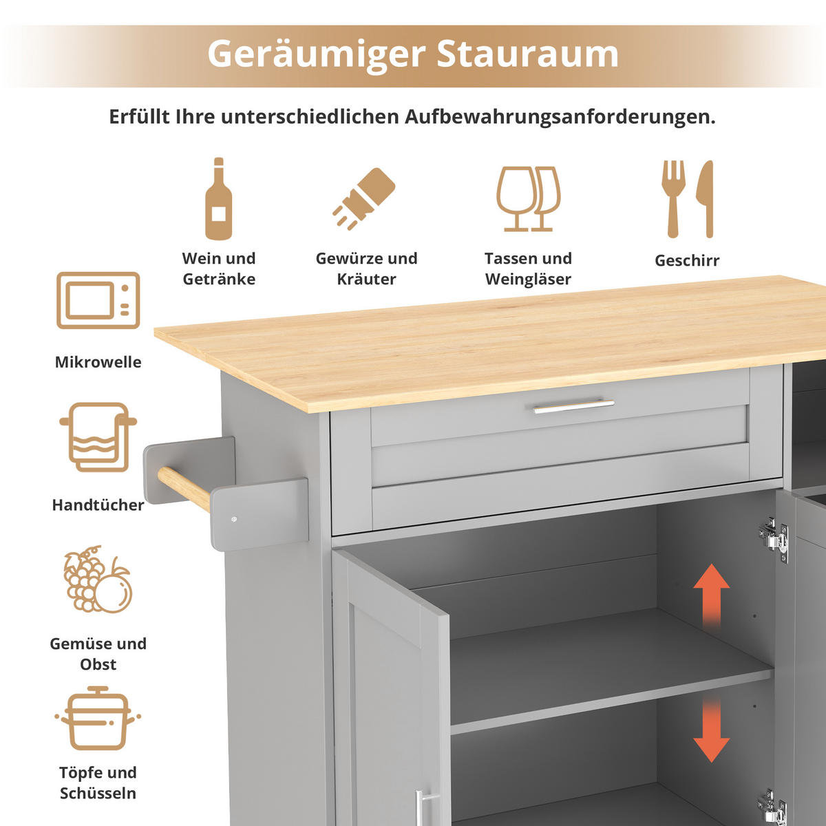 KÜCHENWAGEN 132.5x70x90cm Grau Spanplatte mit Klappplatte & Schublade - Grau, Holzwerkstoff (132.5/90/70cm) - Modfu