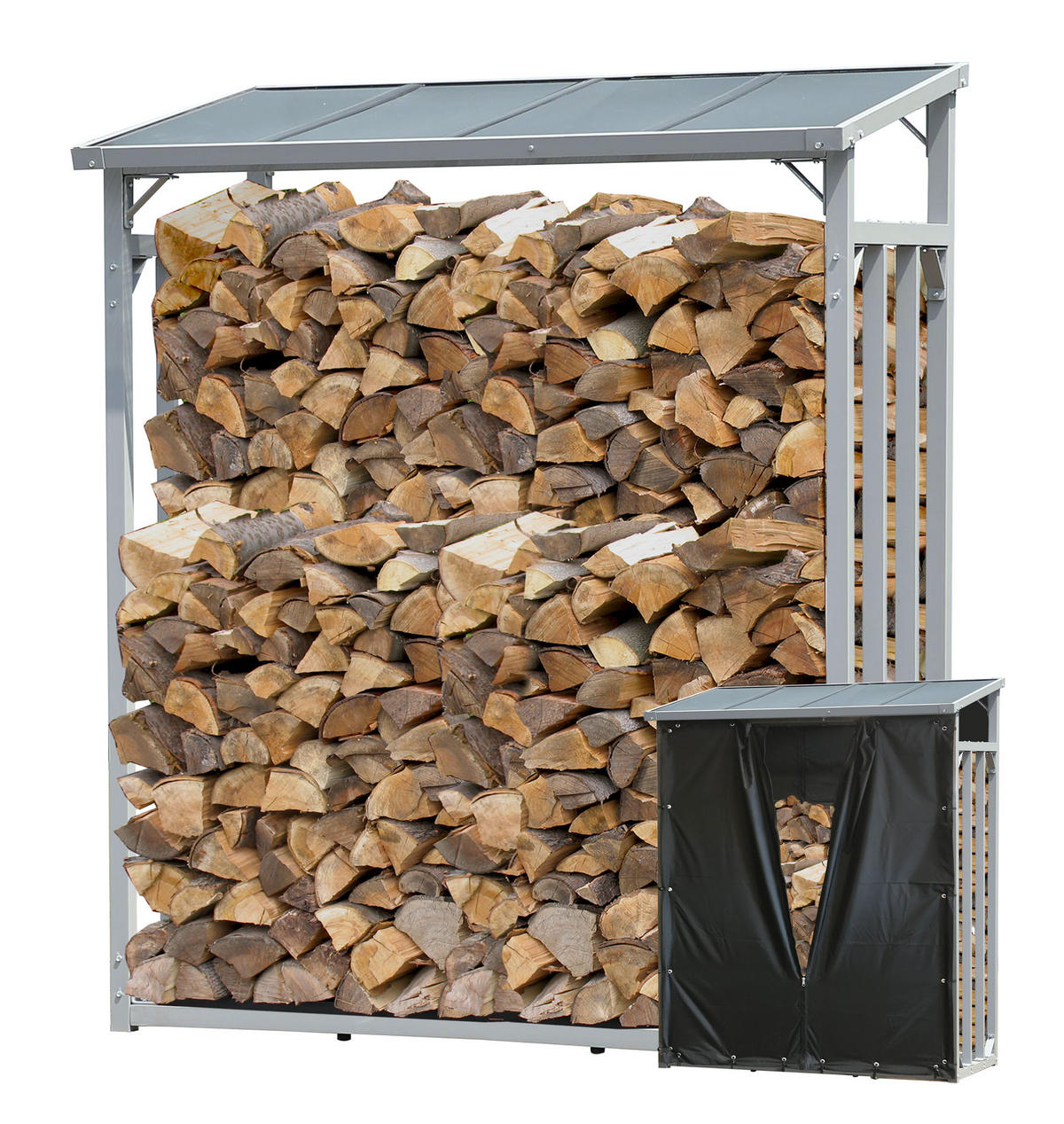 KAMINHOLZREGAL Außen 2 Stück 130x70x185 cm Aluminium Grau mit Wetterschutz 3,2 m³ / 5 SRM - Schwarz/Grau, Metall (130/185/70cm) - QUICK STAR