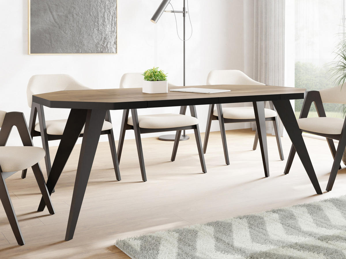 ESSTISCH Diamond Black achteckiger ausziehbarer, Lefkas Eiche 100-200/100/76 cm - Alteiche/Schwarz, Holz/Holzwerkstoff (100/100/77cm) - WFL GROUP