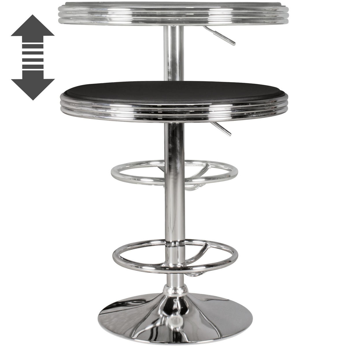 BARTISCH – Retro-Stil, höhenverstellbar, Aluminiumoptik, Kunstleder - Silberfarben/Schwarz, Textil/Metall (60/68/60cm) - KADIMA DESIGN