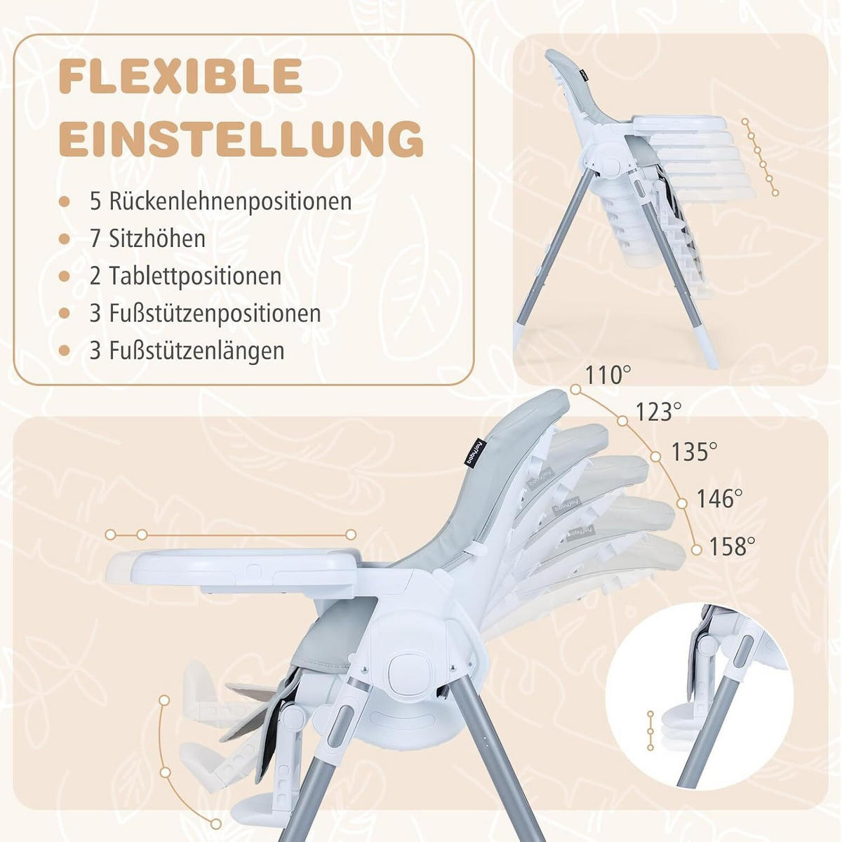 BABYSTUHL mit Spielbügel & Rollen hellgrau - Hellgrau, Metall (72/90.5/54cm) - COSTWAY