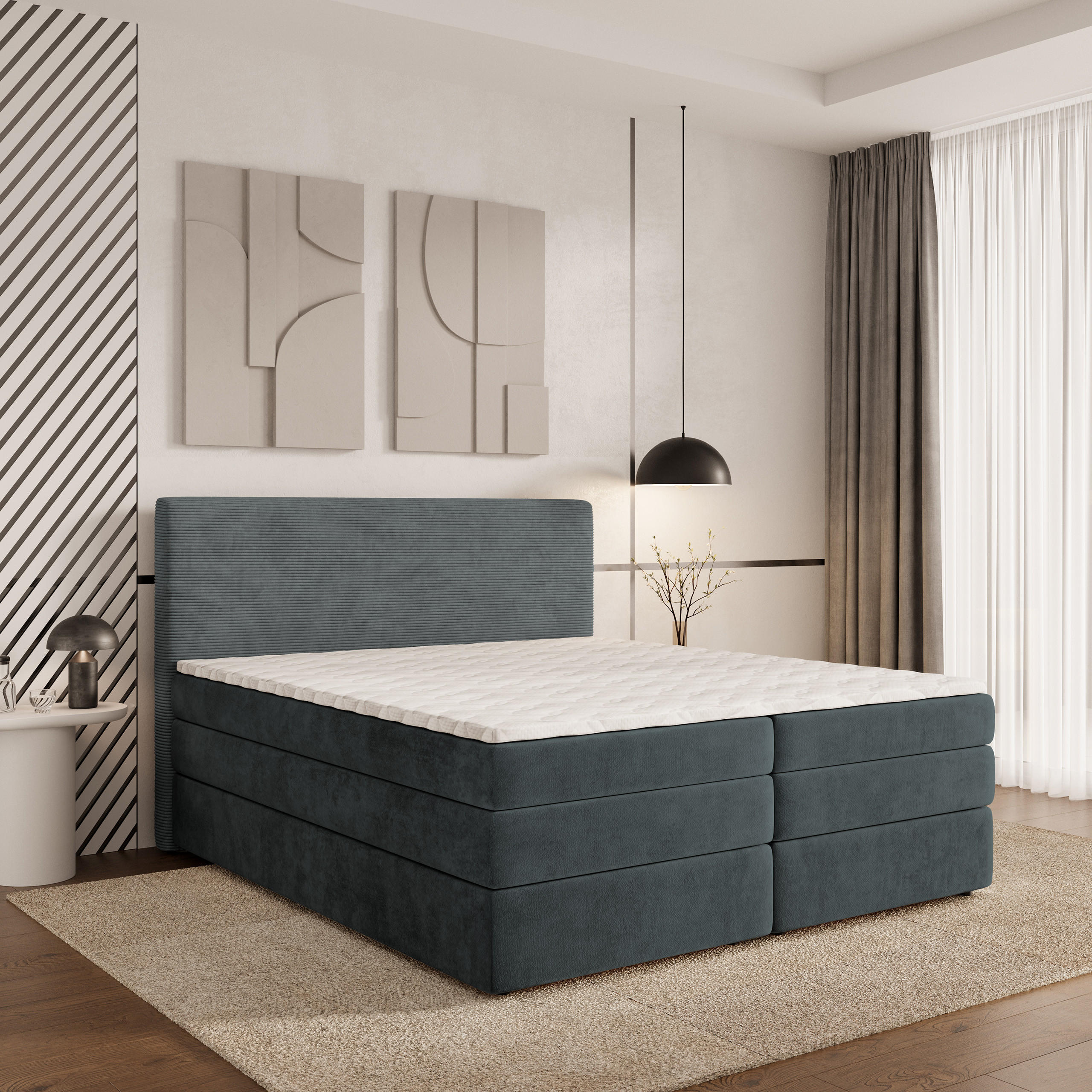 BOXSPRINGBETT MATERN 180x200 cm mit Matratze und Topper - Grau - Grau, Holz (180/200cm) - MASSENO