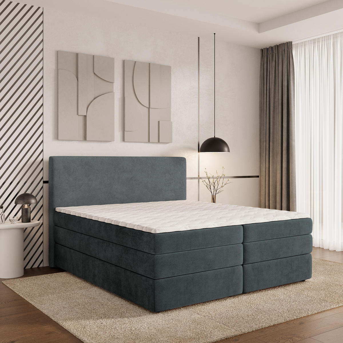 BOXSPRINGBETT MATERN 180x200 cm mit Matratze und Topper - Grau - Grau, Holz (180/200cm) - MASSENO