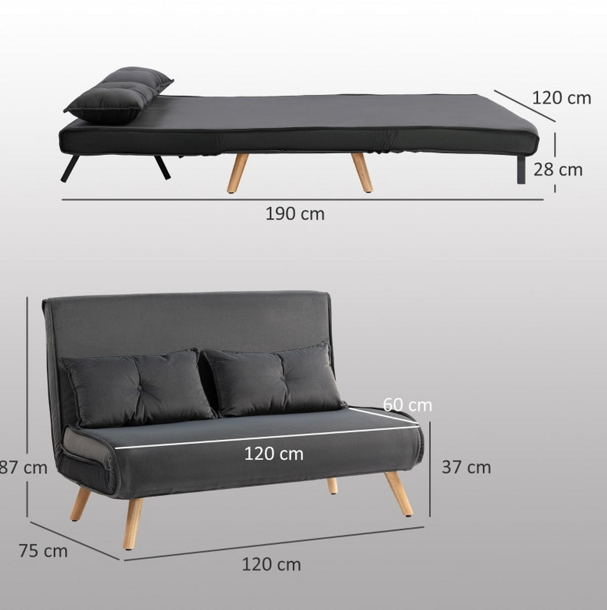 2-SITZER Schlafsofa Polyester mit Klick-Klack, verstellbarer Rückenlehne 120/75/87 cm Dunkelgrau - Dunkelgrau, Textil (75/87/120cm) - Redom