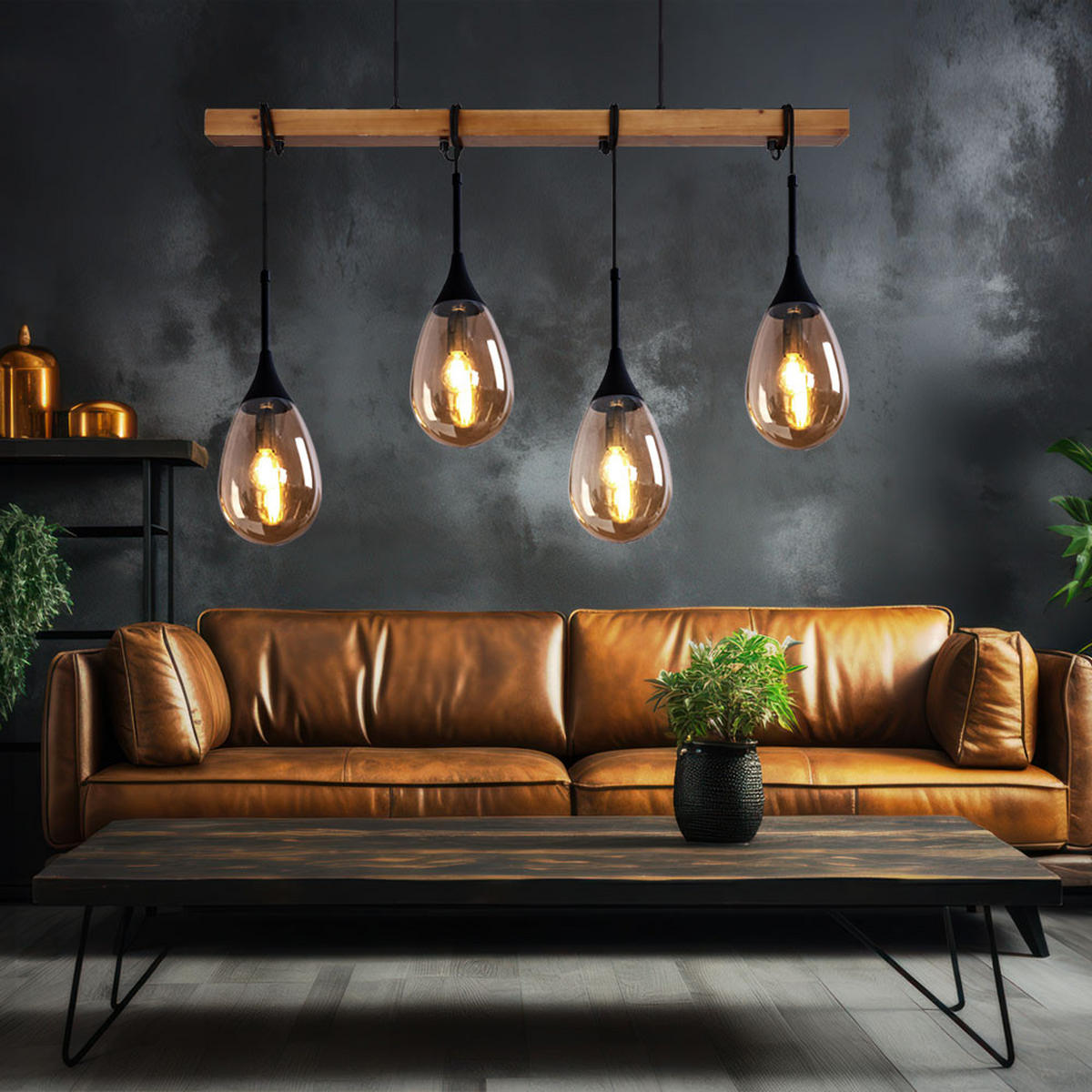 HÄNGELEUCHTE Holzoptik Schwarz 4-Flammig - Schwarz, Holz (92/12/120cm) - Globo Lighting