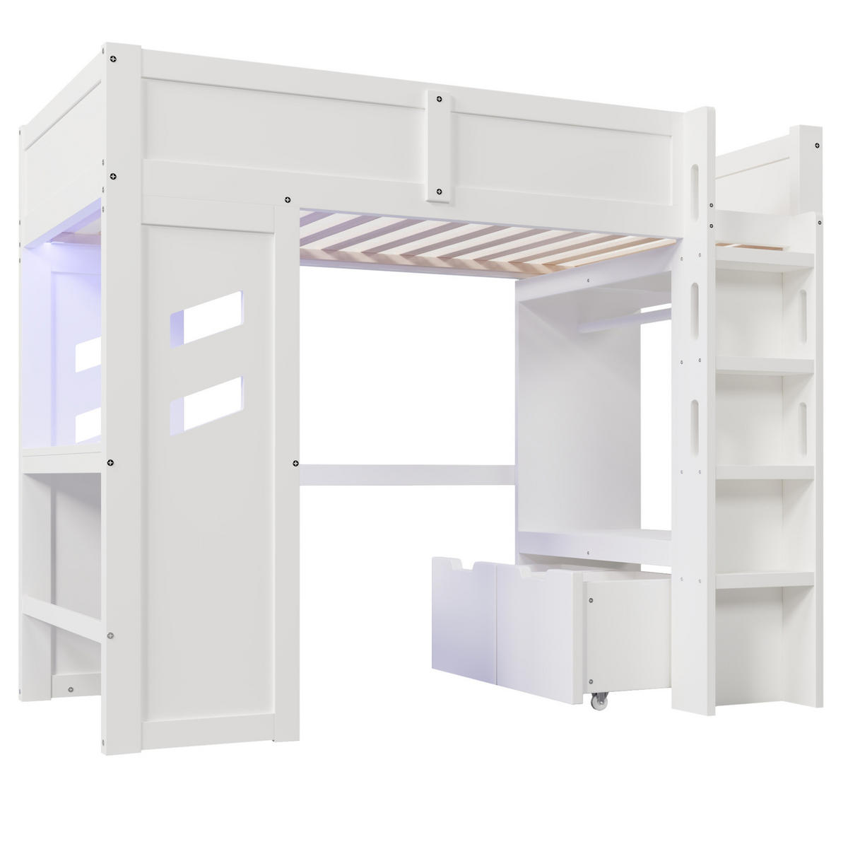 HOCHBETT mit Schreibtisch 90/200 cm in Weiß – mit LED, USB-C und Stauraum - Weiß, Holz (90/200cm) - BEAOK