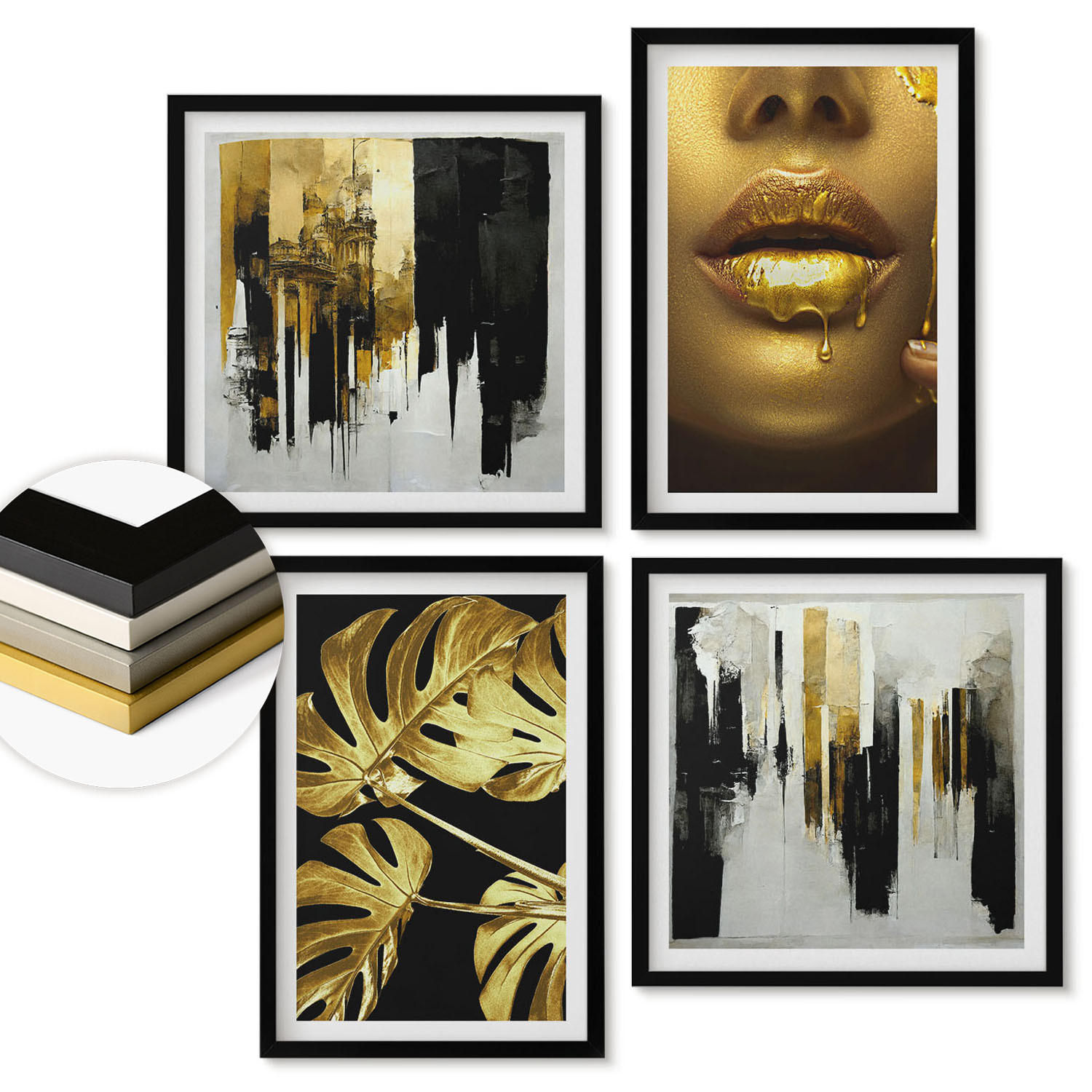 WANDBILDER 4er-Set - 50x50 cm & 40x60 cm Schwarzer Rahmen - Abstrakte Blattmalerei - Schwarz, Kunststoff (50/50cm) - ArtPrintCave