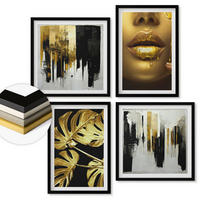 WANDBILDER 4er-Set - 50x50 cm & 40x60 cm Schwarzer Rahmen - Abstrakte Blattmalerei - Schwarz, Kunststoff (50/50cm) - ArtPrintCave
