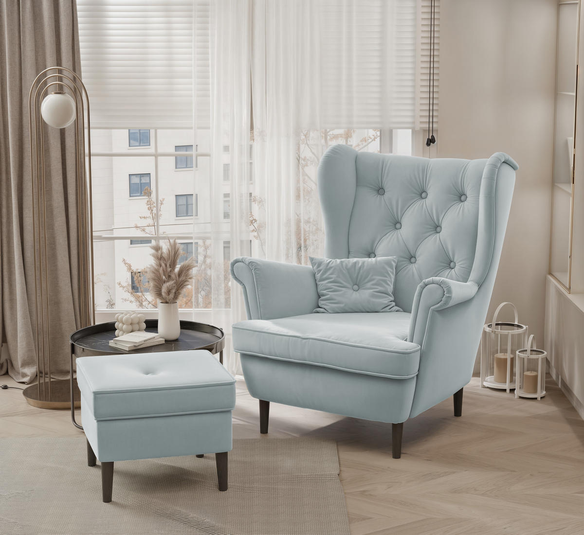 OHRENSESSEL SCANDI mit hocker, 75/60/103 cm, Marineblau - Dunkelblau, Holz/Textil (75/103/60cm) - Idohome
