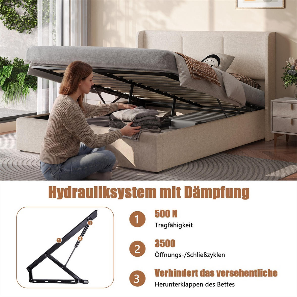 POLSTERBETT 160x200 cm mit hydraulischem Stauraum - Gepolstertes Kopfteil - ohne Matratze - Leinen - Beige - Beige, Textil (160/200cm) - DELFA