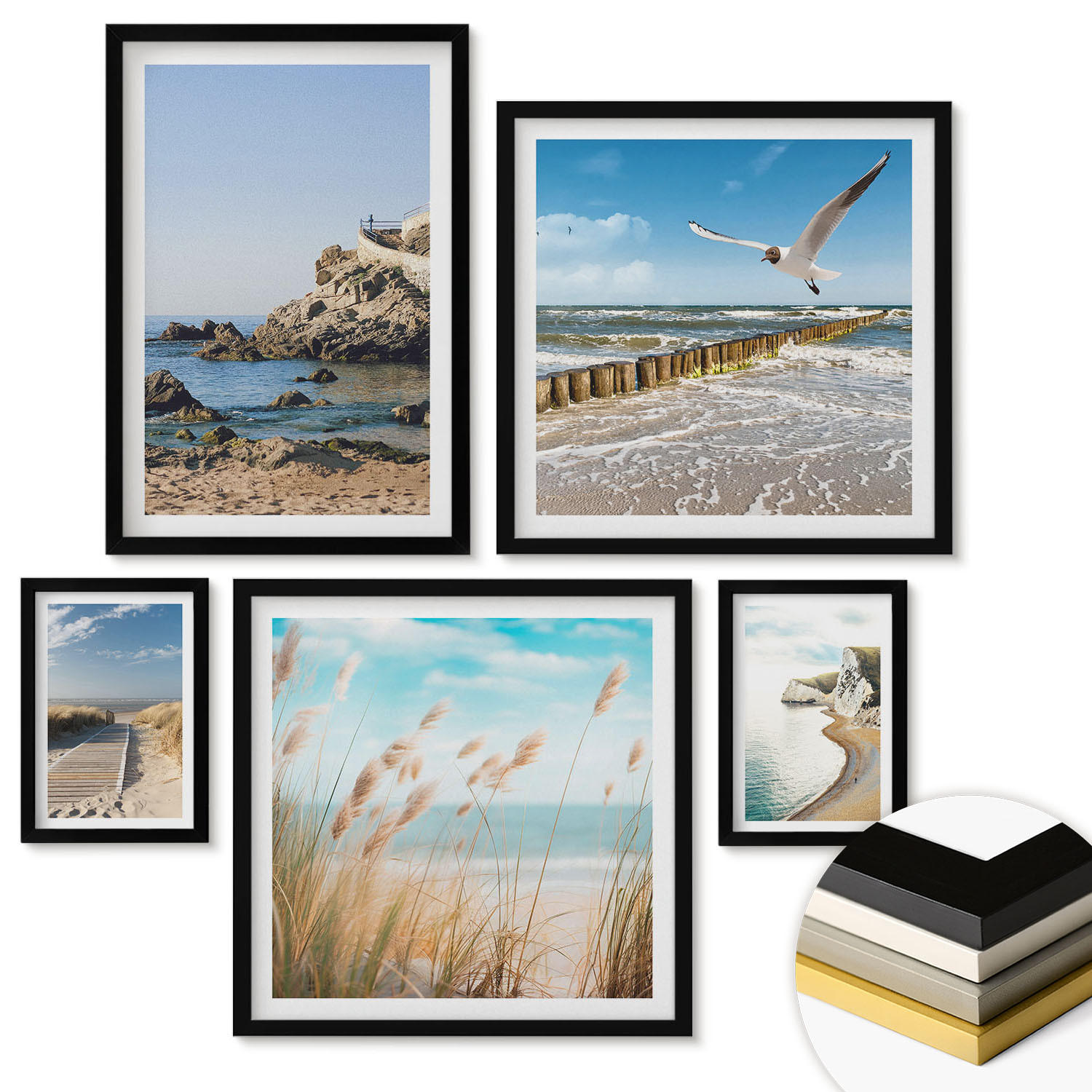 WANDBILDER 5er-Set - 50x50 cm & 20x30 cm & 40x60 cm Schwarzer Rahmen - Tropische türkisfarbene Inseln - Schwarz, Kunststoff (40/60cm) - ArtPrintCave