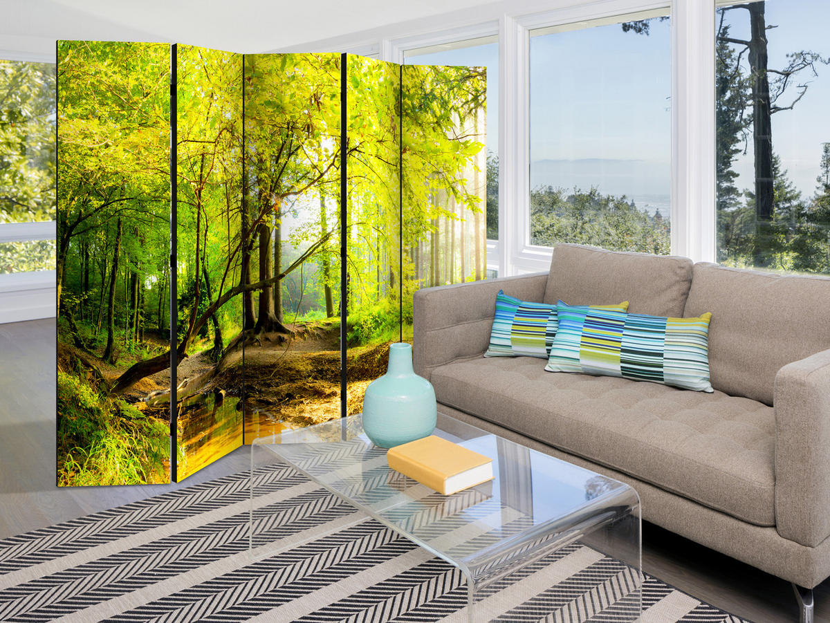 PARAVÁN Obojstranný 5-dielny 225x172 cm Rieka v Lese - sivá, drevo/textil (225/172/3cm) - Muralo