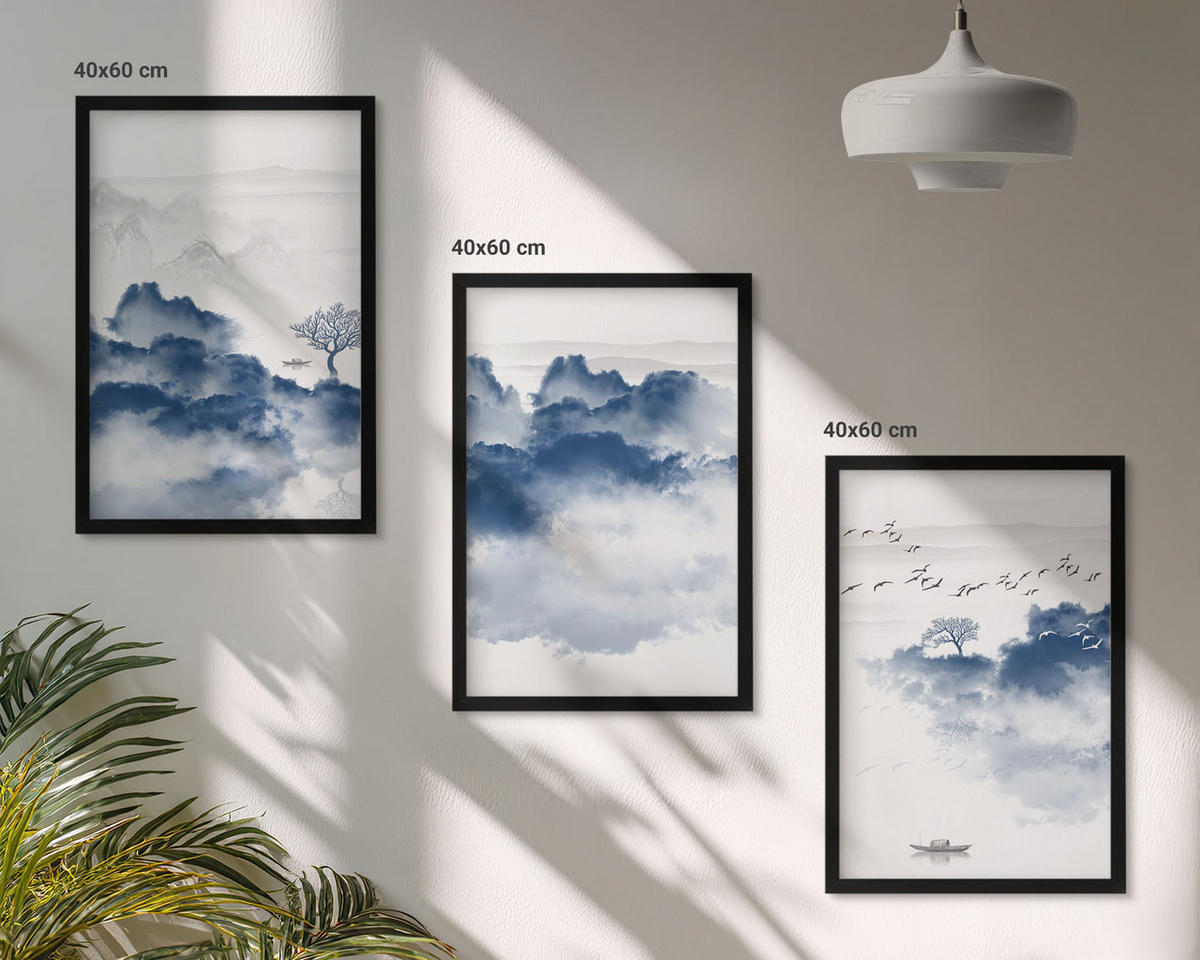 BILDER SET 3er Set - 40x60 cm Schwarzer Rahmen - Berge, Wolken, Bäume, Vögel - Schwarz, Kunststoff (40/60cm) - TULUP