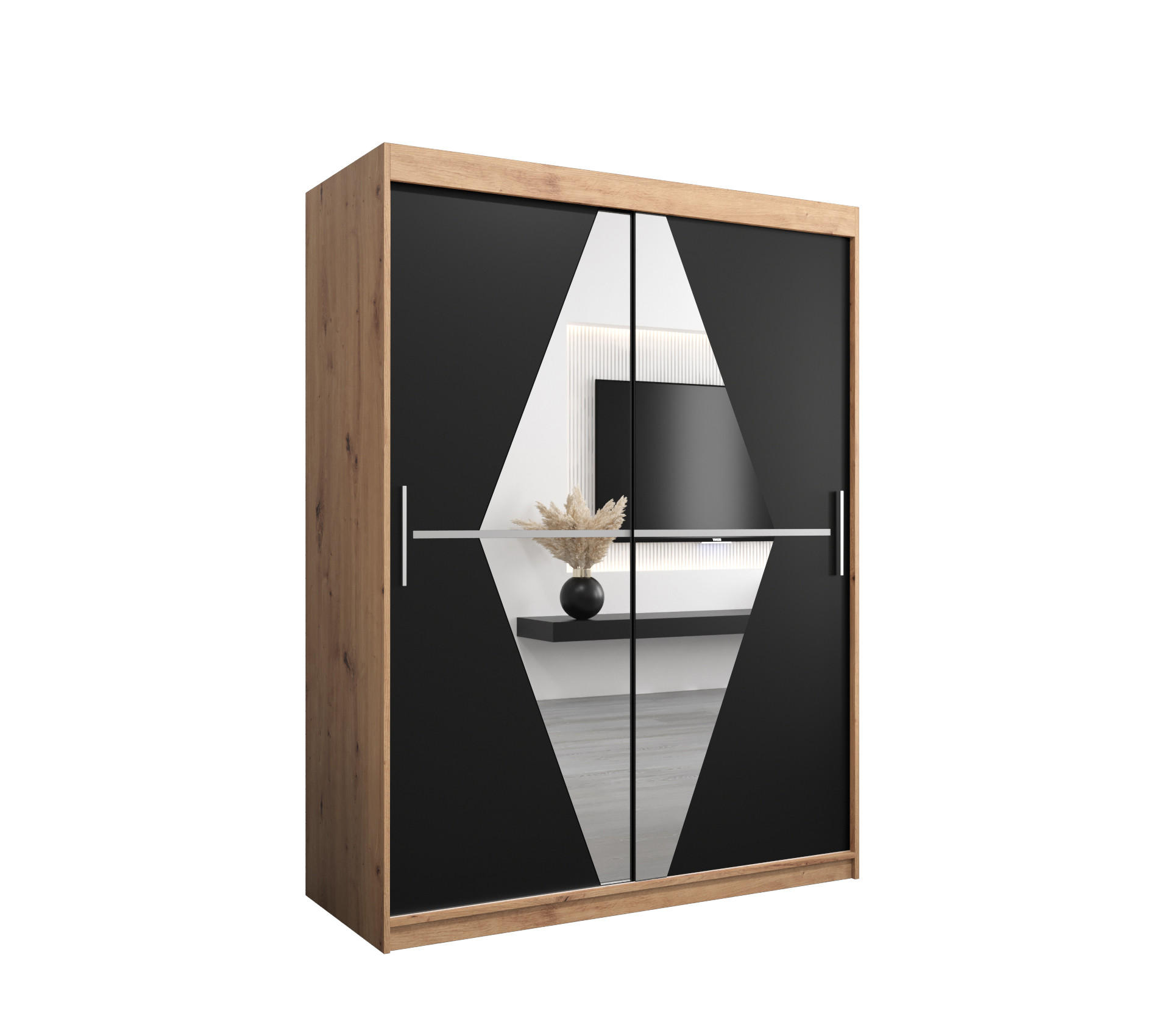 Abiks Möbel Schwebetürenschrank Eiche Artisan, Schwarz 150x200x62 cm