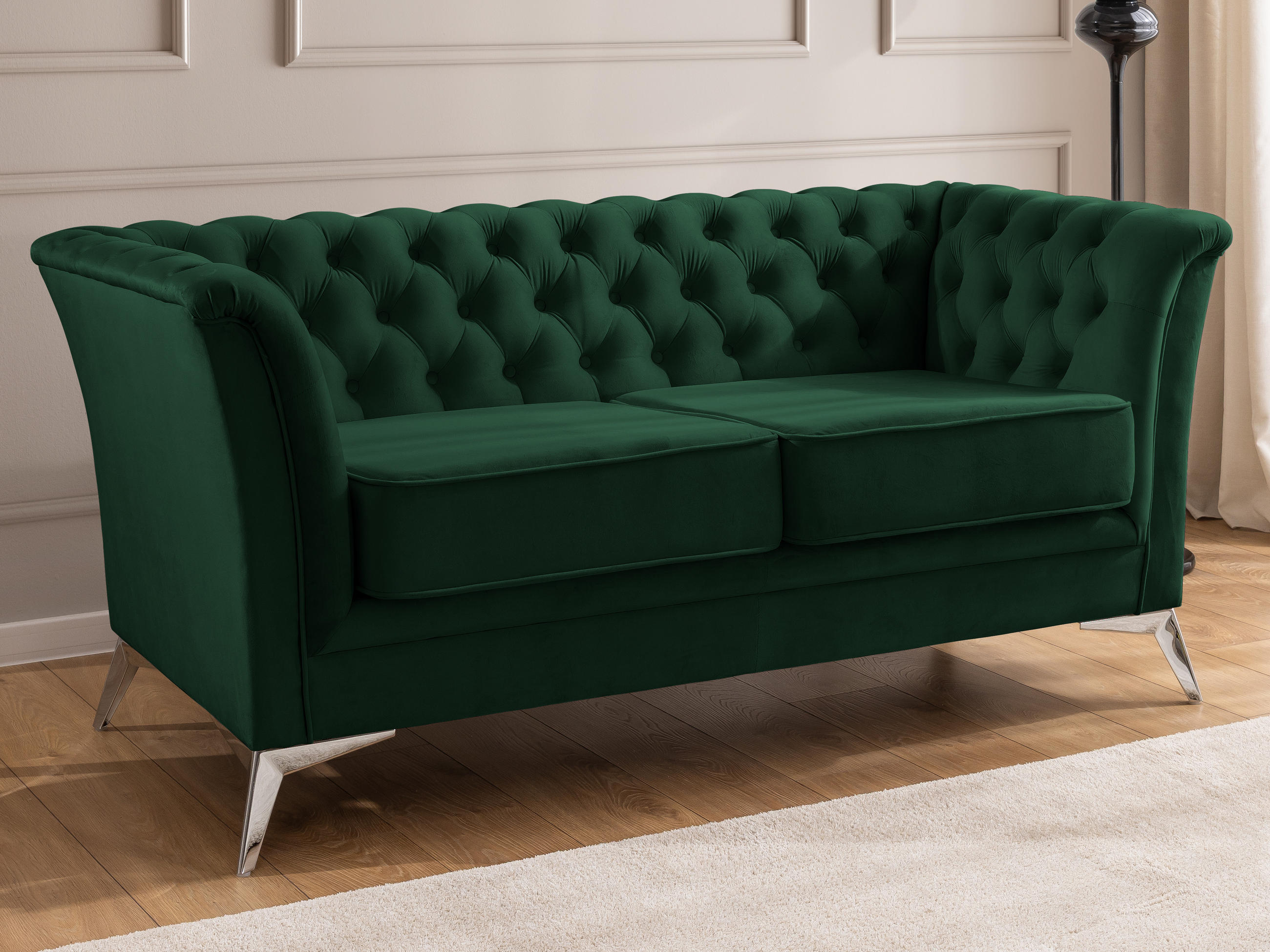 CHESTERFIELD-SOFA 2-sitzer Whitby Flaschengrün Samt mit silbernen Füßen - Dunkelgrün/Silberfarben, Holz/Textil (175/78/82cm) - S-Style Möbel