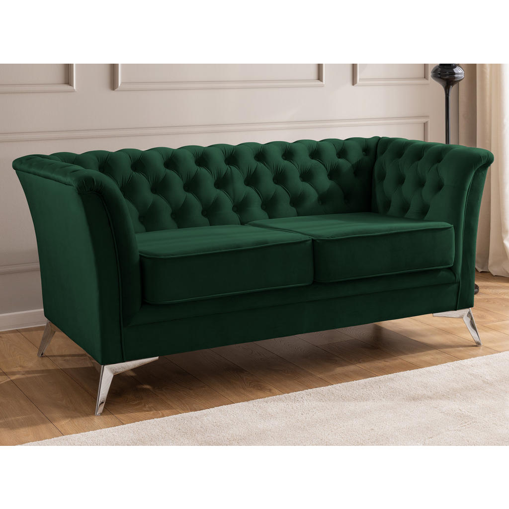 Thumbnail - S-Style Möbel Chesterfield-Sofa, Dunkelgrün, Textil, Echtholz,Birke, Buche, 2-Sitzer, Füllung: Polyetherschaumkern, 175x...