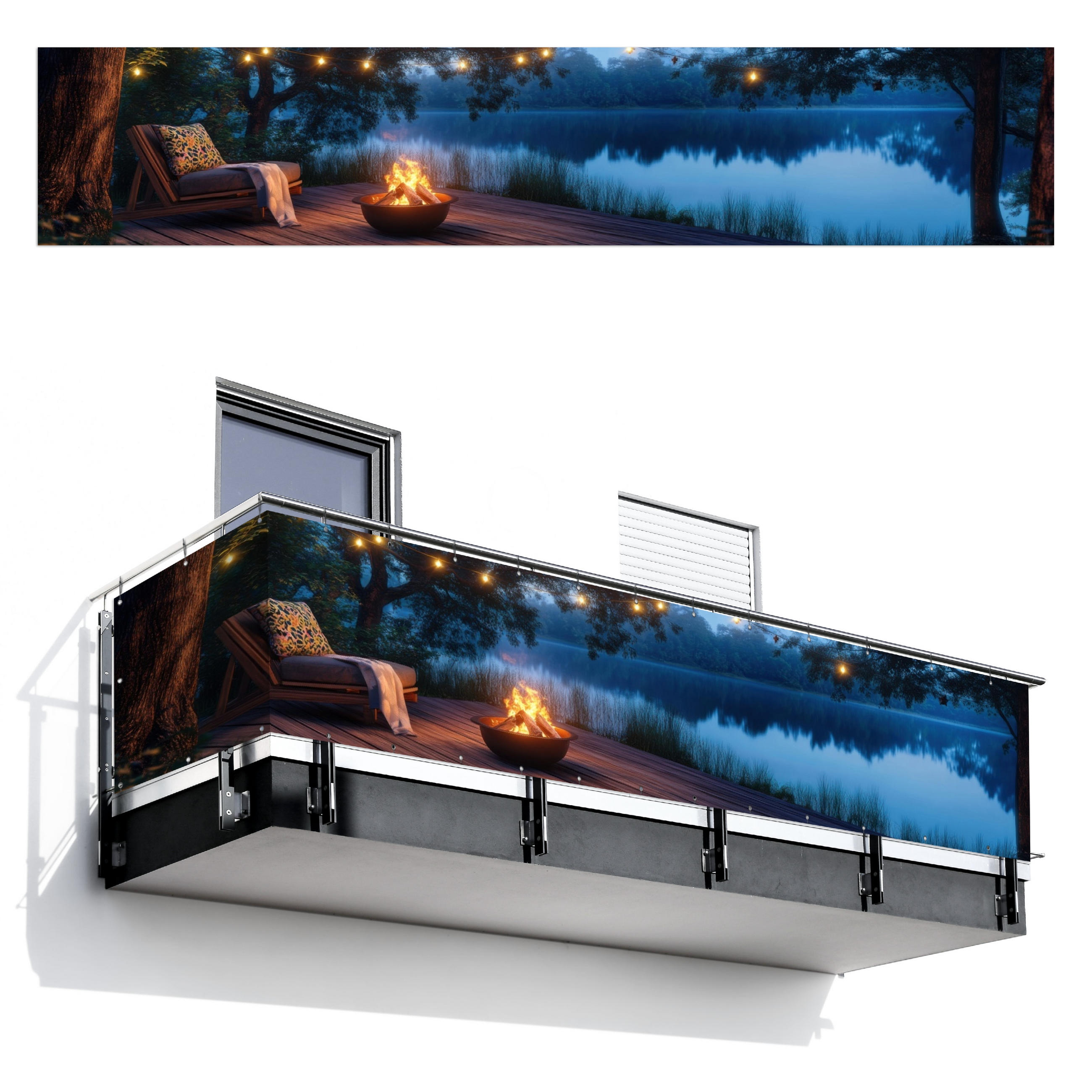 BALKON-SICHTSCHUTZ Lagerfeuer - See - Abendlicht - Dunkelblau, Kunststoff (500/100cm) - MuchoWow