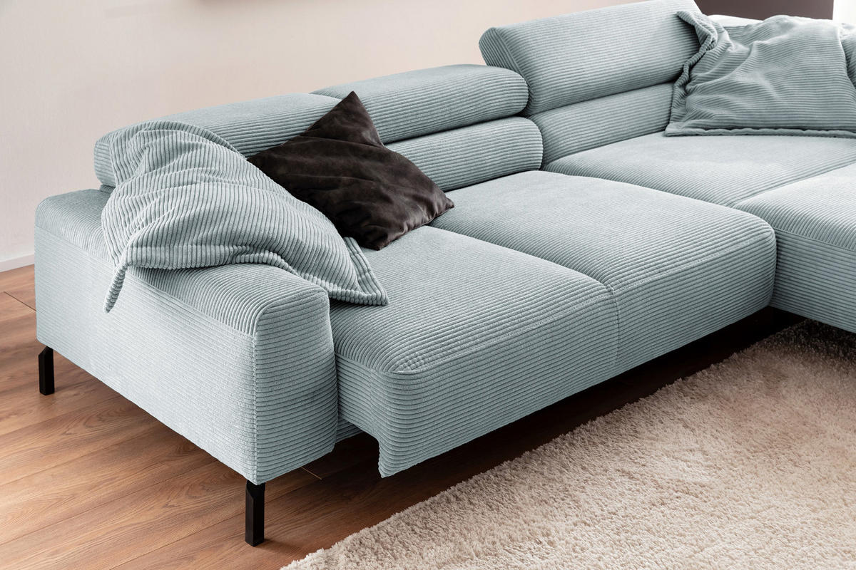 ECKSOFA DELIA Hellblau Cord Relaxfunktion - Schwarz/Hellblau, Textil/Metall (276/219cm) - KAWOLA