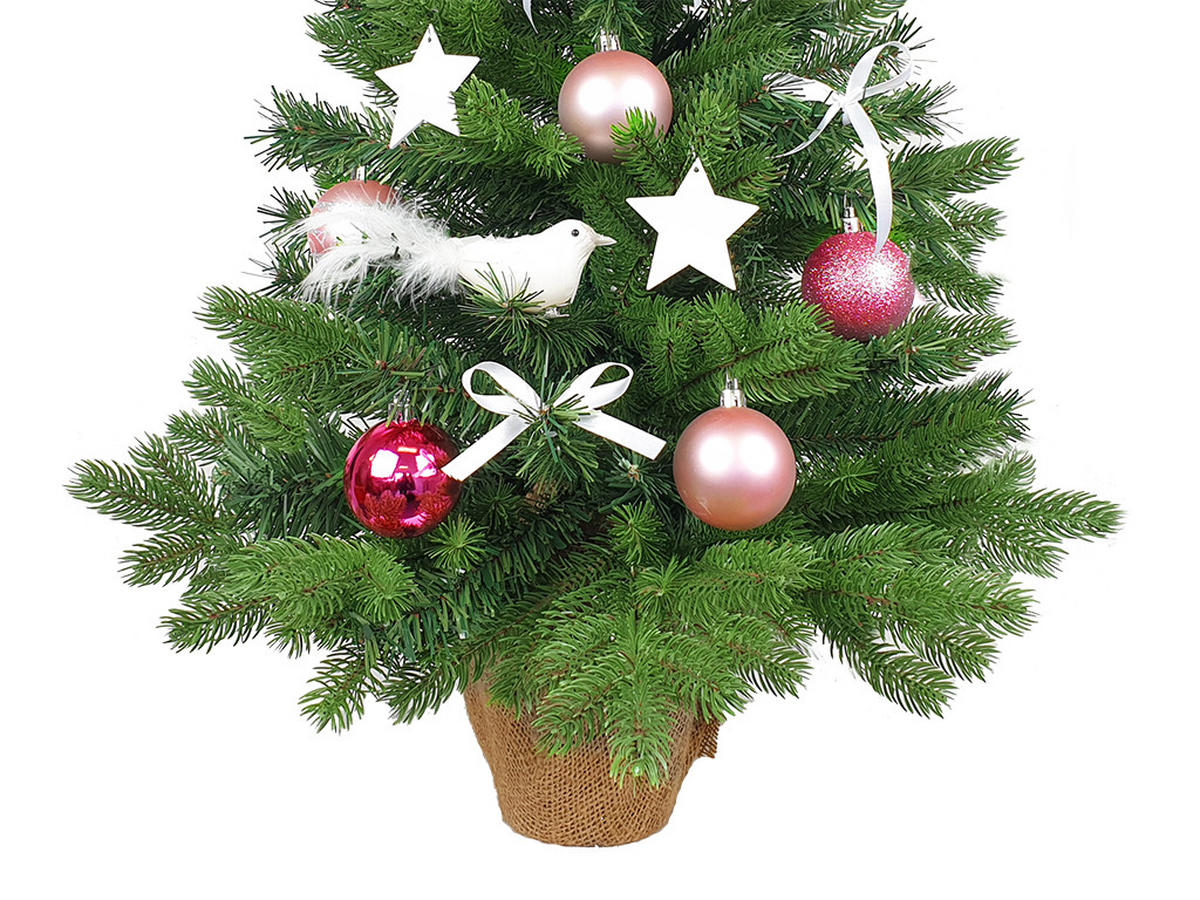 WEIHNACHTSBAUM künstlicher 60 cm mit LED-Beleuchtung, ROSENFEST, mit 35 Weihnachtsbaumschmuck, Pflanztopf mit Jutesack - Pink/Silberfarben, Kunststoff/Stein (40/60cm) - LAALU