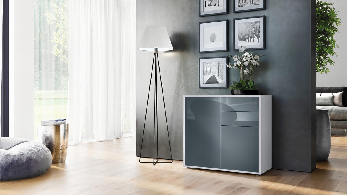 KOMMODE Ben Front in Grau Hochglanz - Grau, Holzwerkstoff (79/74/36cm) - Vladon