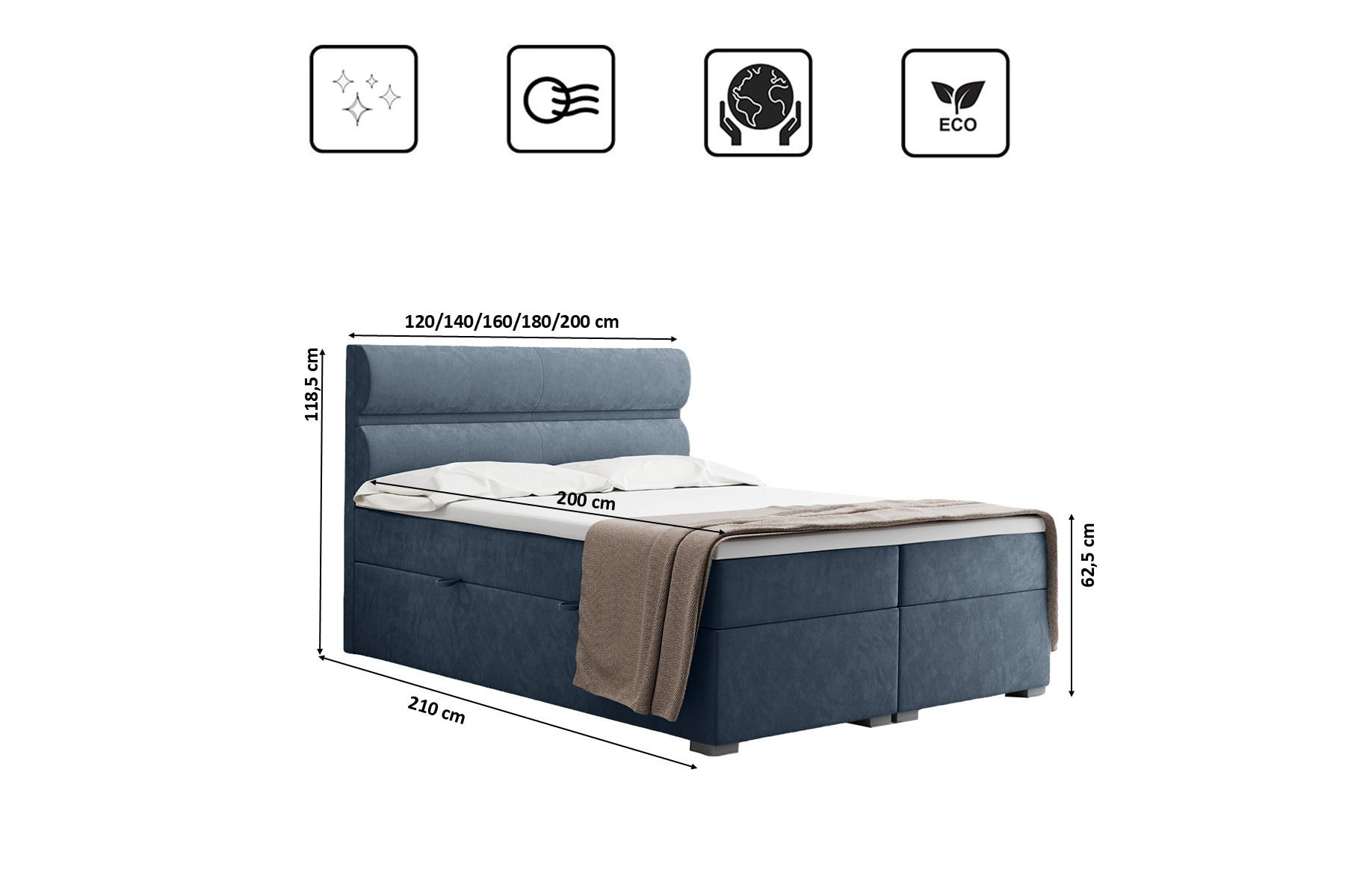 Thumbnail - Kaiser Möbel Boxbett, Hellblau, Textil, H3, Höhe ca. 20 cm, einzeln stellbar,Rechteckig, eckig, 200x200 cm, Reach, Schla...