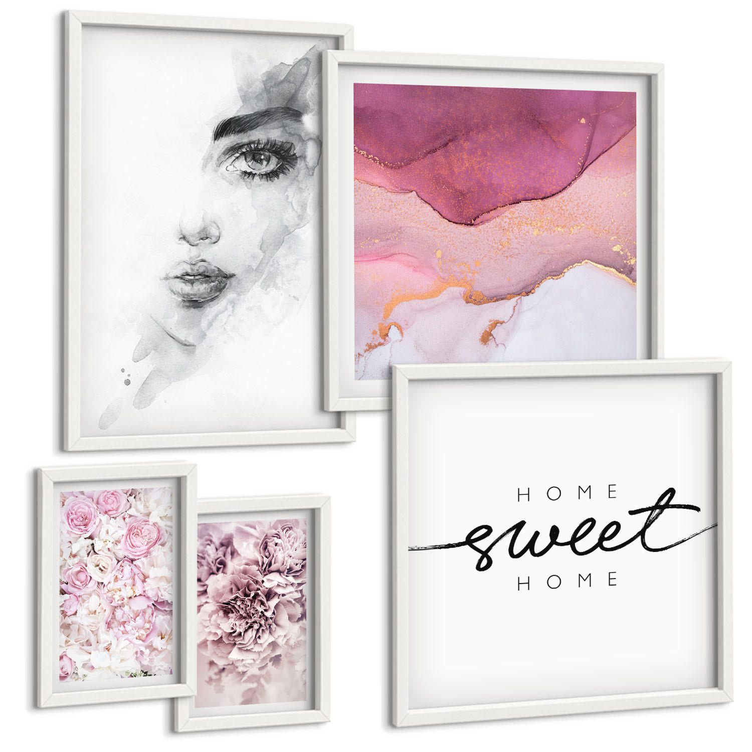 BILDER SET 5er Set - 50x50 cm & 20x30 cm & 40x60 cm Weißer Rahmen - Zarte Boho-Blätterschrift - Weiß, Kunststoff (40/60cm) - TULUP