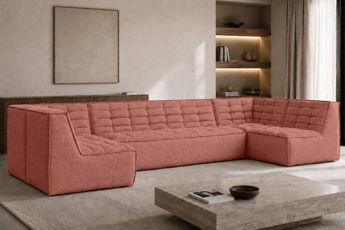 ROHOVÁ SEDAČKA modulární ve tvaru U, plyšová tkanina Pop, Růžová, LAZY U Medium - růžová, dřevo (386/76/173cm) - Kaiser Möbel