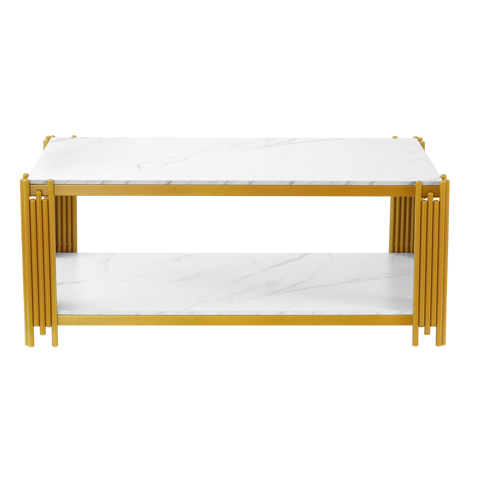 COUCHTISCH 114/64/46 cm weiß gold aus MDF mit 2 Ablagen - Weiß, Holzwerkstoff (114/64/46cm) - OKWISH