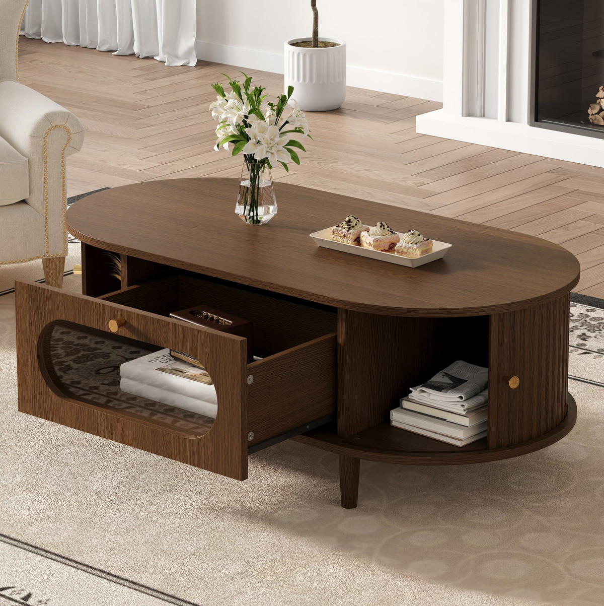 KONFERENČNÍ stolek z MDF 100x50x36 cm ořechová barva se zásuvkou a roletovými dvířky, minimalistický design - barva vlašského ořechu, kompozitní dřevo (100/50/36cm) - Modfu