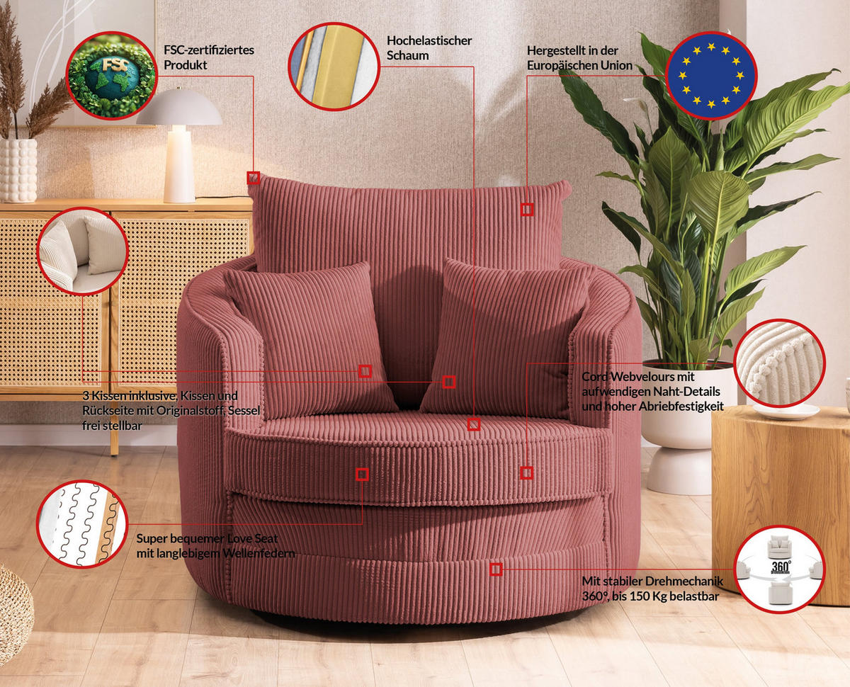 DREHSESSEL Ted aus Terrakotta Cord-Stoff - Terra cotta/Schwarz, Holz/Textil (107/94/100cm) - S-Style Möbel