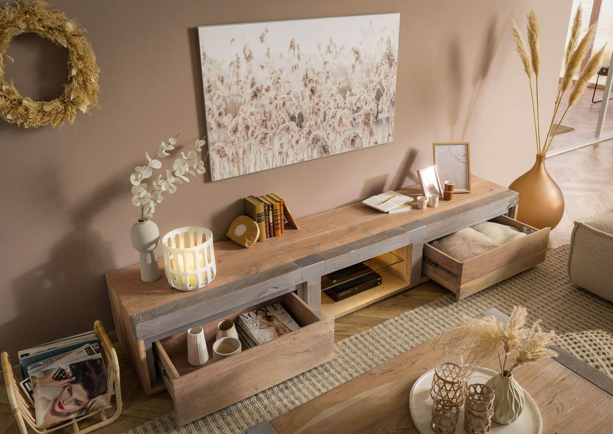 TV-BOARD Akazie 240x48x39 beige lackiert Amsterdam #104 - Beige, Holz (240/39/48cm) - Massivmoebel24