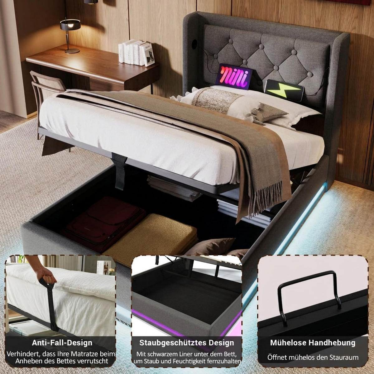 POLSTERBETT 90/200 cm Grau mit USB Typ-C Ladefunktion und 3-seitige LED-Funktion - Grau, Textil (90/200cm) - Oxeza