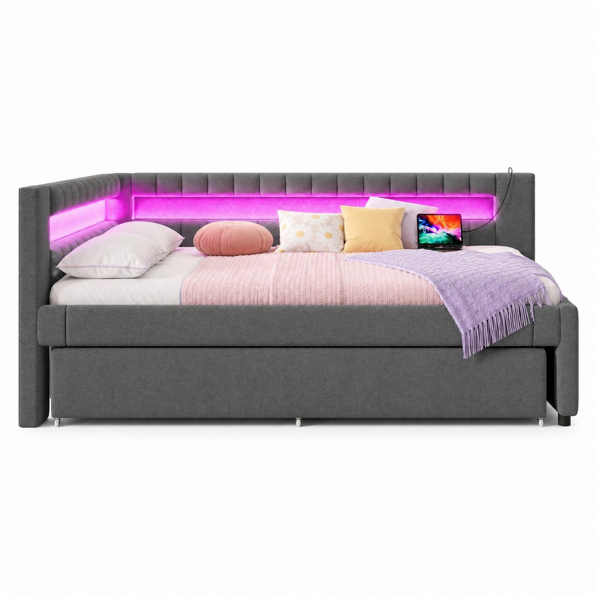 POLSTERBETT 140/200 mit LED-Lichtleiste, Ausziehbett, USB + Type-C und Leinen in Grau - Grau, Holzwerkstoff/Textil (140/200cm) - EVRYAE