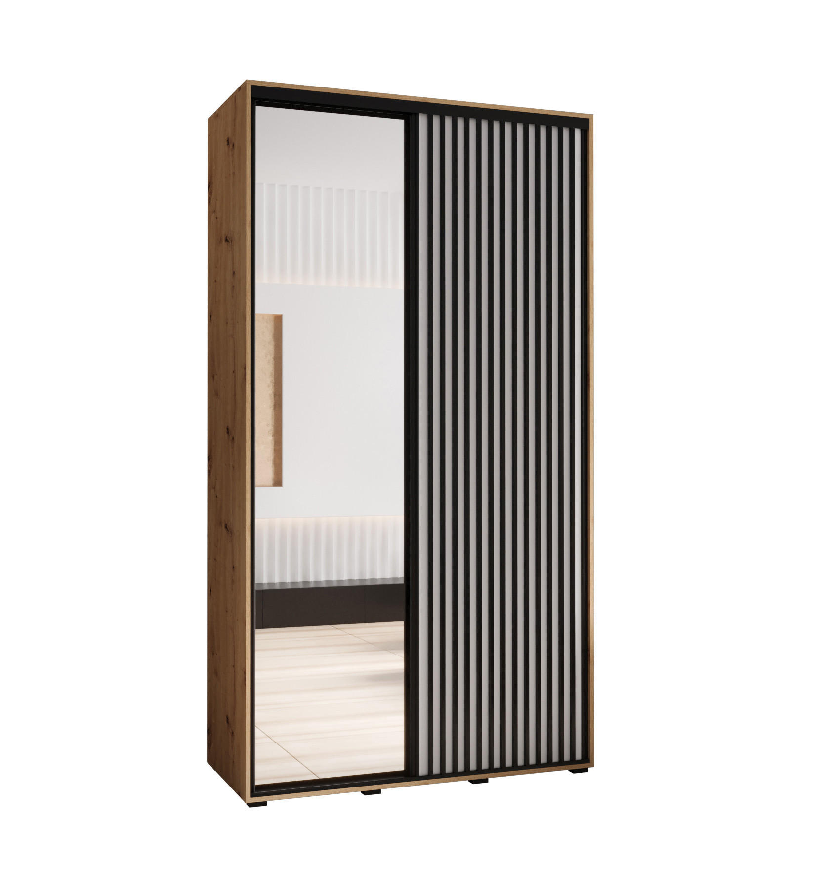 Abiks Möbel SCHWEBETÜRENSCHRANK Eiche Artisan, Weiß, Schwarz 130cm × 60cm × 235cm