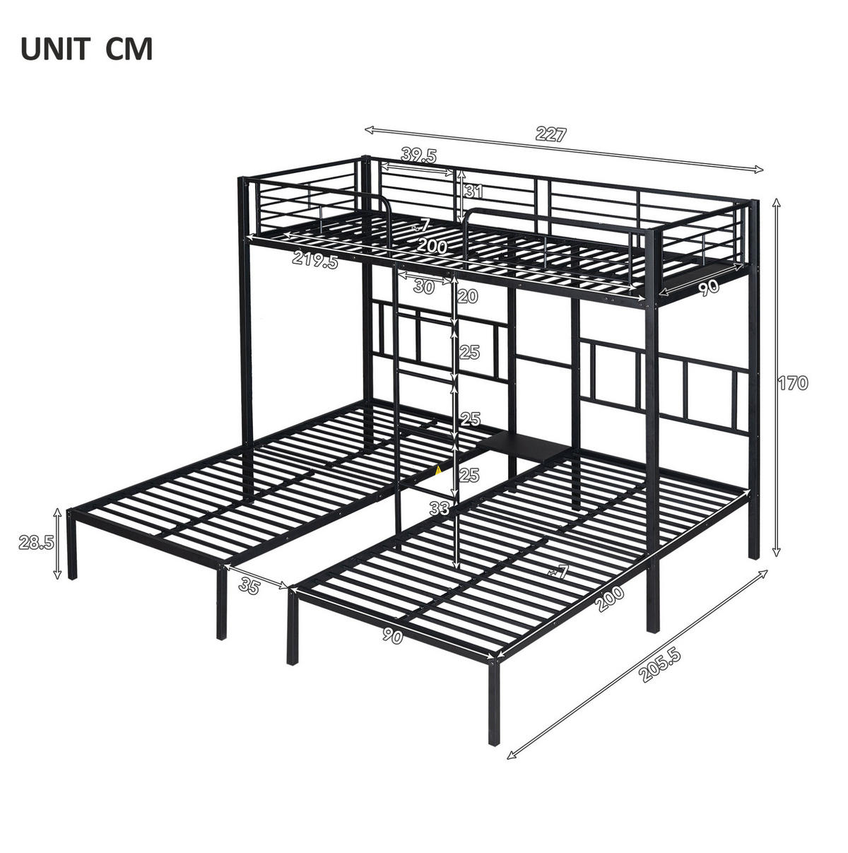 ETAGENBETT 227/205,5/170 cm Schwarz mit Leiter, Tisch und Fallschutzgitter - Schwarz, Metall (90/200cm) - OKMYHOME