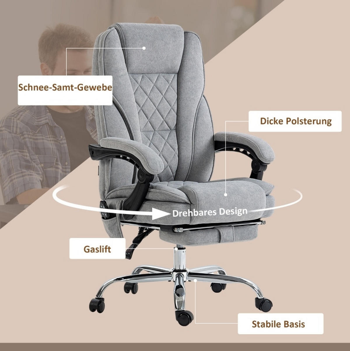 BÜROSTUHL in Grau 67x72x119 cm mit Vibrationsmassage, Wärmefunktion und Fußstütze - Grau, Textil (72/119/67cm) - IVMEU