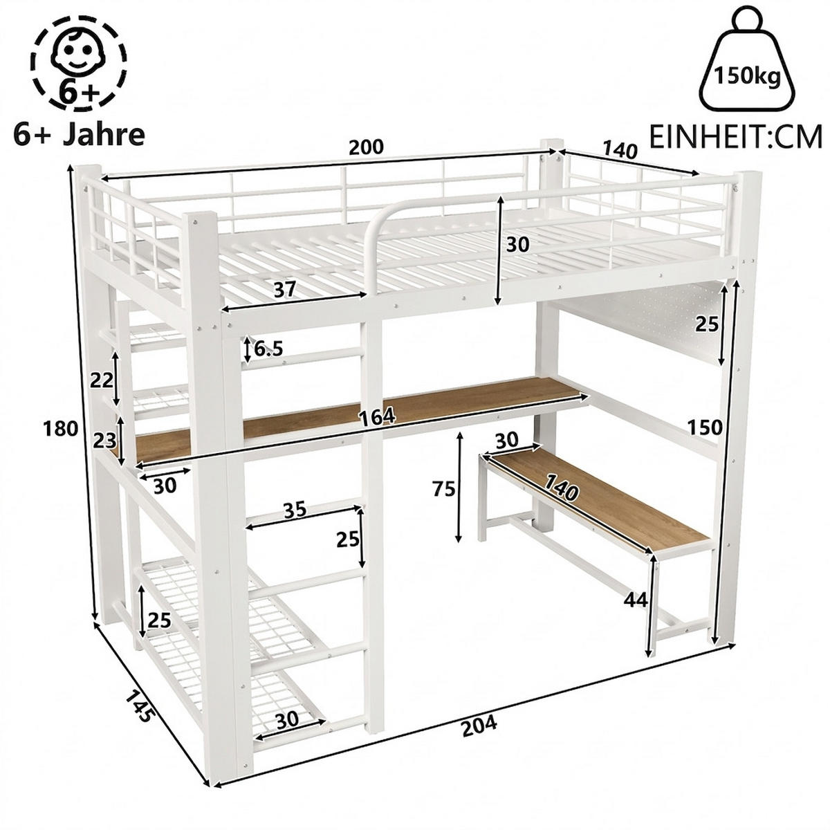 HOCHBETT 140/200 cm Weiß mit Gitter zum Aufhängen von Gegenständen, LED-Lichtleiste und Stauraum - Weiß, Metall (140/200cm) - Oxeza