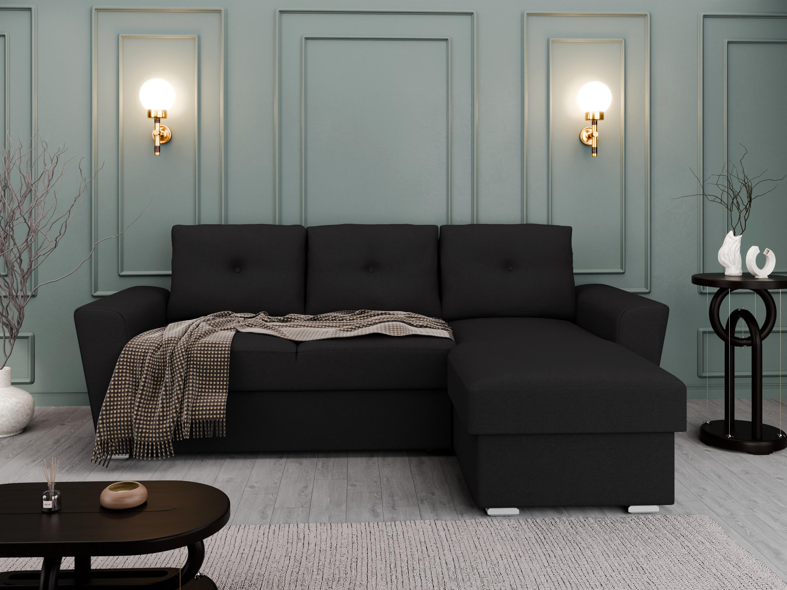 ECKSOFA Bellano Ecksofa L-Form - links oder rechts montierbar, schwarz - Schwarz, Holz (243/156cm) - Panda Möbel
